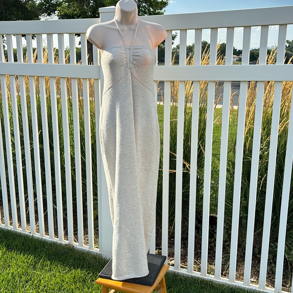 NWT Acrylic Halter Dress Cream Knit with Gold, Size L